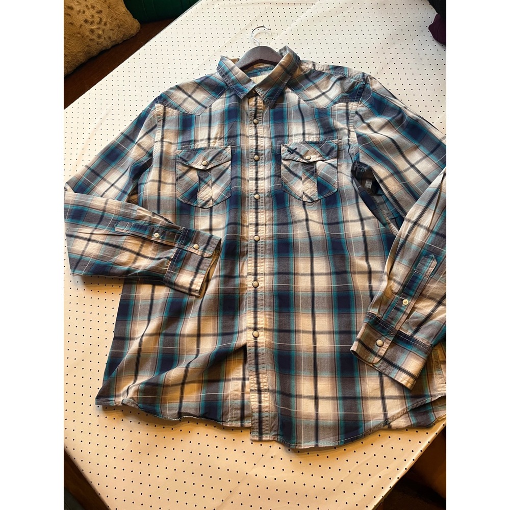 American Eagle Western Shirt Mens‎ XL Plaid Pearl Snap Cowboy Vintage Fit Blue - Picture 2 of 10